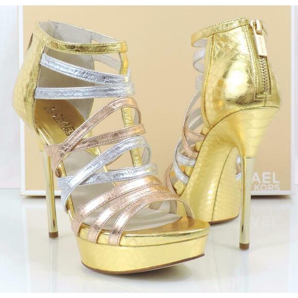 Michael Kors Maddie Dress Platform High Heels Sandals Rose Gold Multi - Picture 2 of 11